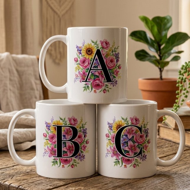 Demoiselle d'honneur | Mug Cadeau Fleur Monogramme (Custom floral birthday gift for her | teacher appreciation gift | best friend gift | bridesmaid mug)