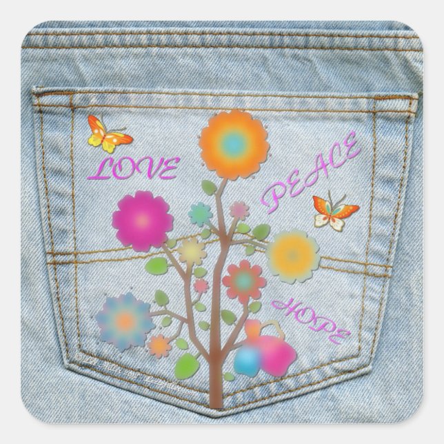 Denim Back Pocket Flowers Peace Love Hope Stickers (Devant)