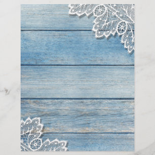 Denim Blue Wood Grain & White Lace Papier papier