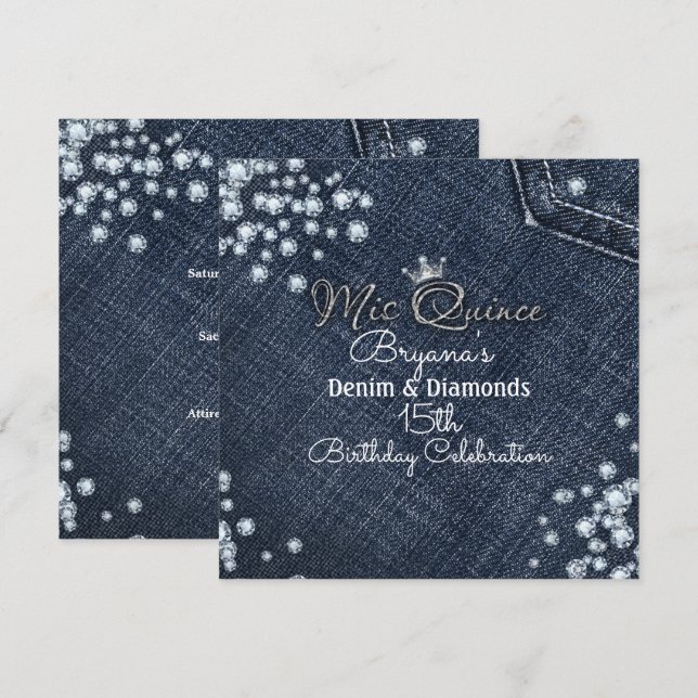 Denim & Diamond MIS QUINCE Invitations de la Couro (Devant / Derrière)