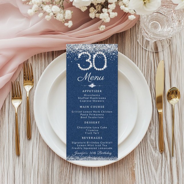 Denim & Diamonds 30e Anniversaire Dîner Menu Plat (Denim and Diamonds 30th Birthday Dinner Menu Card)