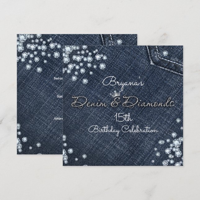 Denim & Diamonds Glam Tiara Crown Party Invitation (Devant / Derrière)