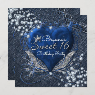 Denim & Diamonds Heart Sweet 16 Party Invitations
