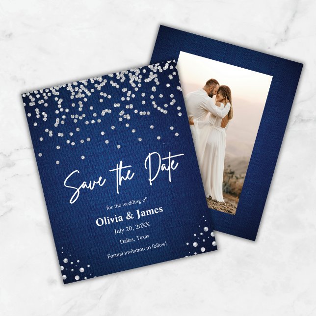 Denim & Diamonds Photo Wedding Enregistrer la cart (Budget Modern Elegant Denim and Diamonds Photo Wedding Save The Date Card )