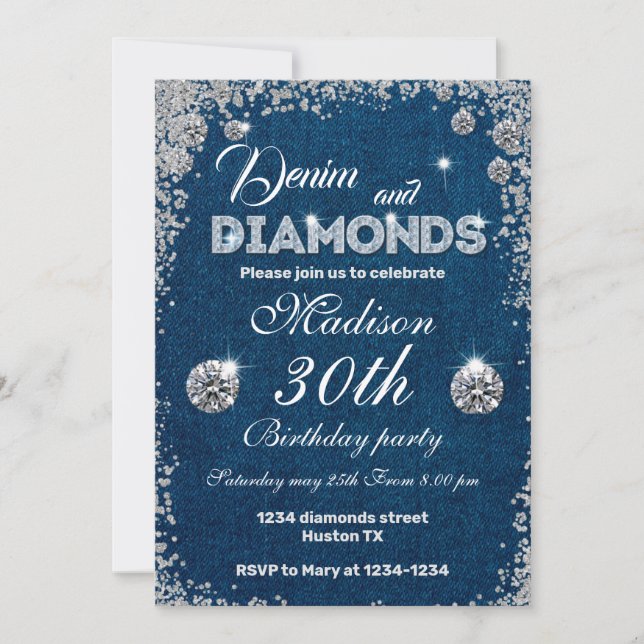Denim et Diamonds invitation Chic fête d'anniversa (Devant)