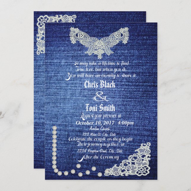 Denim, Perles et mariage de dentelle Invitation (Devant / Derrière)