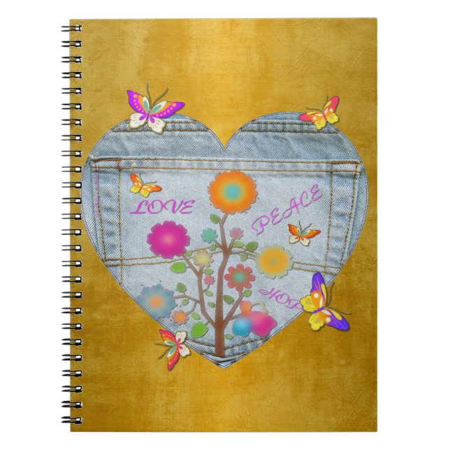 Denim Pocket Heart Flowers Papillons Carnet (Devant)