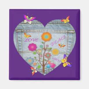 Denim Pocket Heart Flowers Papillons Magnet