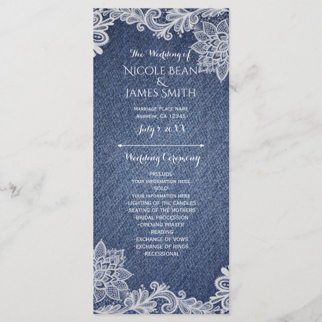 Denim & White Floral Lace Programme de mariage Rac (Devant)