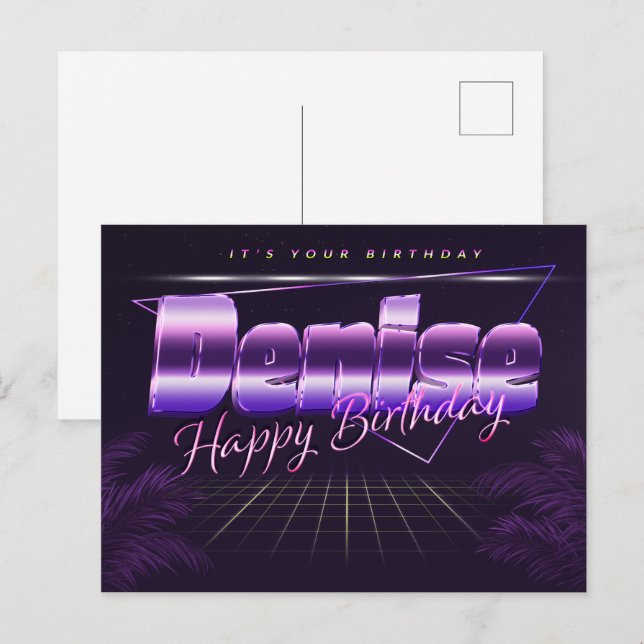 Denise prénom carte postale violette anniversaire (Devant / Derrière)