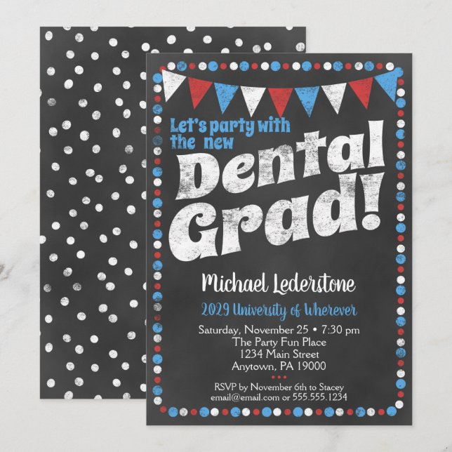 Dental Graduation Party Invitation Rouge Bleu (Devant / Derrière)