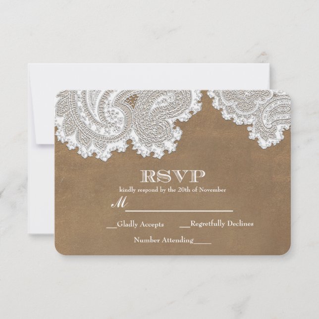 Dentelle blanche et marron Élégant RSVP de mariage (Devant)