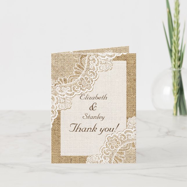 Dentelle blanche rustique sur burlap mariage Merci (Devant)