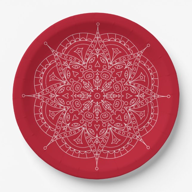 Dentelle blanche sur assiette en papier rouge (Devant)