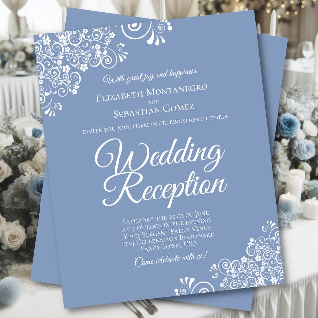Dentelle blanche sur bleu BUDGET Invitation de réc (Front/Back)