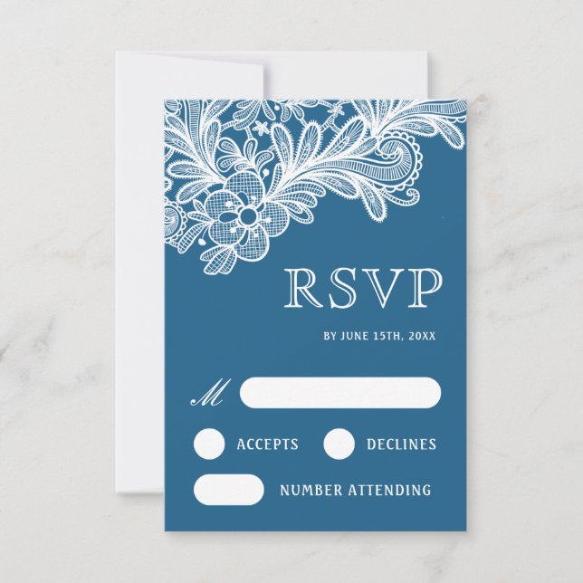 Dentelle blanche sur carte RSVP de mariage bleu (Devant)
