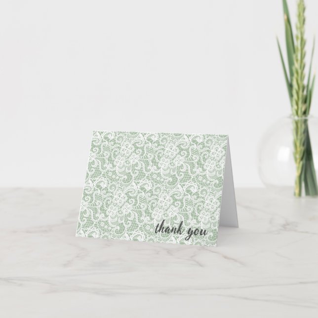 Dentelle blanche sur fond vert sauge Merci (Devant)