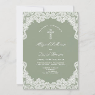 Dentelle blanche sur le Faire-part de mariage vert