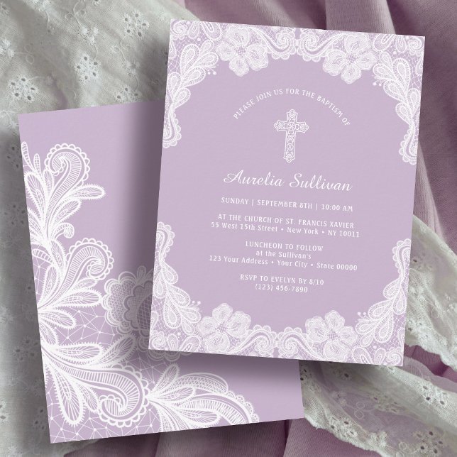 Dentelle blanche sur Lilac Baptême Invitation (Créateur téléchargé)