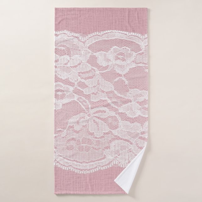 Dentelle blanche sur Pastel Lin rose Texture (Serviette de bain)