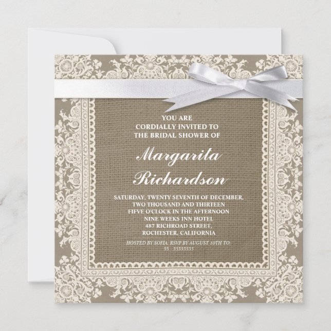 dentelle burlap et ruban blanc invitations de douc (Devant)