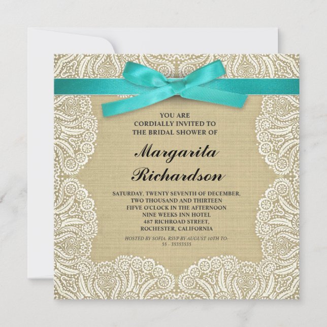 dentelle burlap et ruban cyan invitations de douch (Devant)