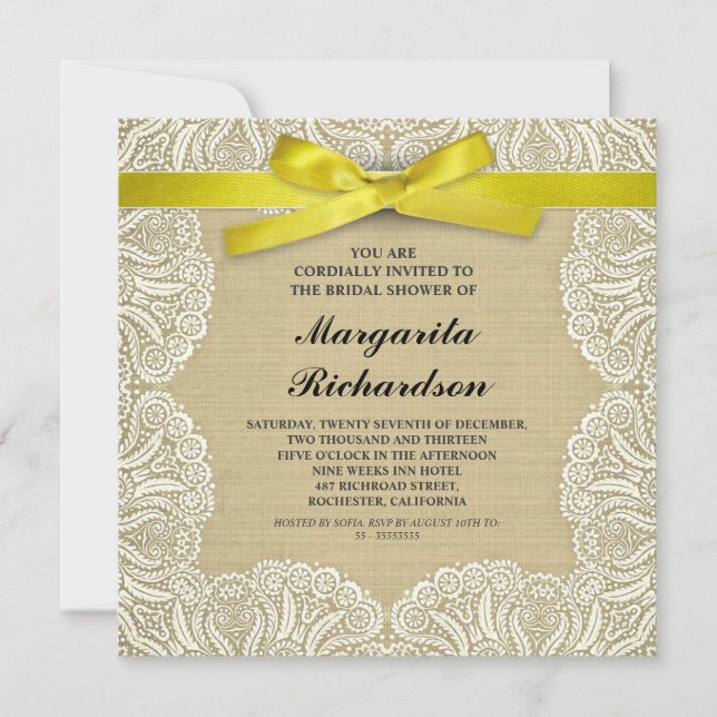 dentelle burlap et ruban jaune invitations de douc (Devant)