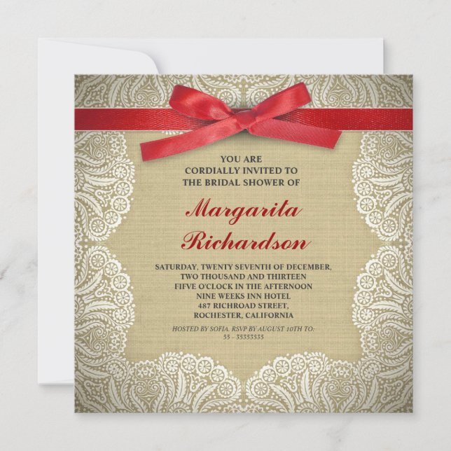 dentelle burlap et ruban rouge invitations de douc (Devant)