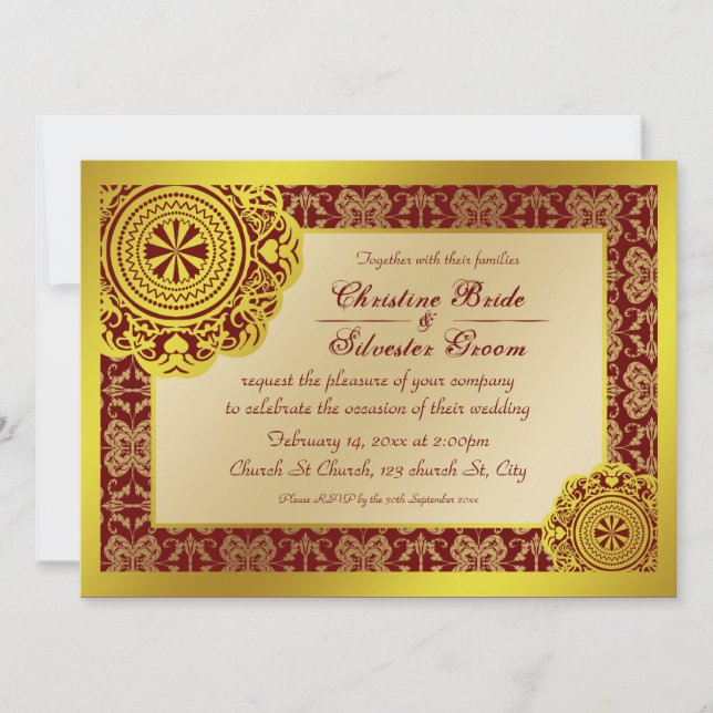 Dentelle d'or arabesque, invitation de mariage 5,5 (Devant)
