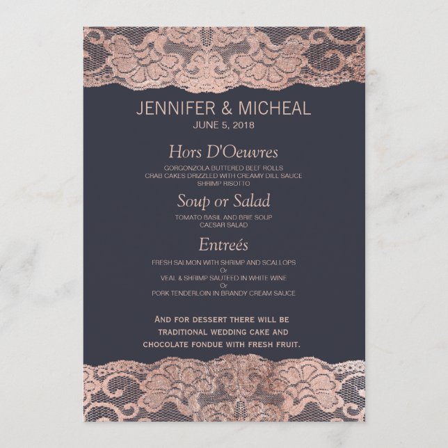 Dentelle d'or rose et menu Mariage bleu marine (Devant)