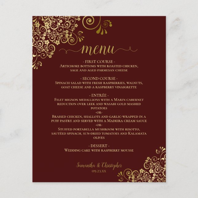 Dentelle d'or sur Auburn Brown Budget Mariage Menu (Devant)