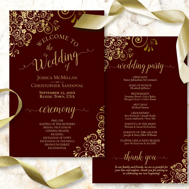 Dentelle d'or sur Auburn Programme de mariage budg (Front and Back)
