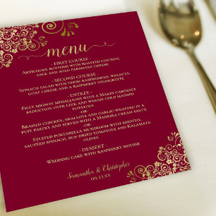 Dentelle d'or sur Maroon Bourgogne Menu Mariage Bu