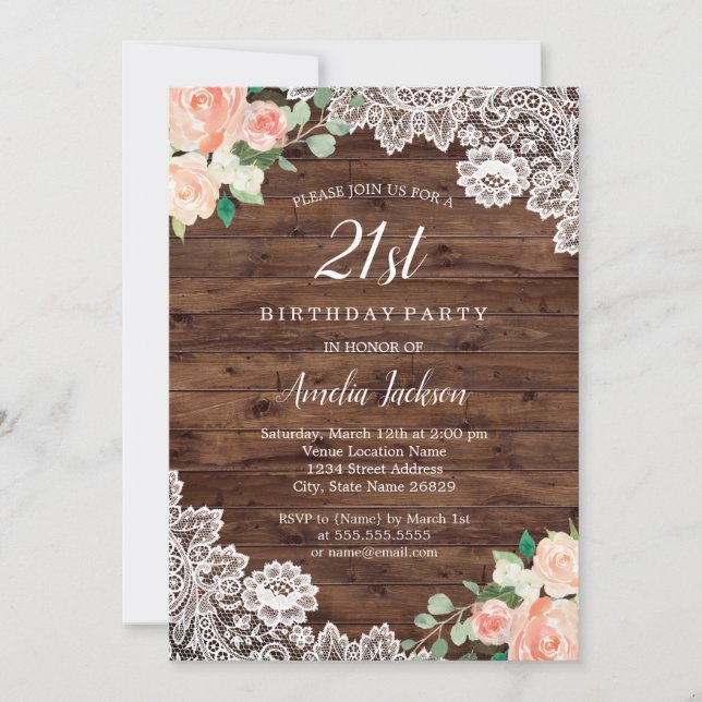 Dentelle en bois rustique floral Invitation 21e an (Devant)
