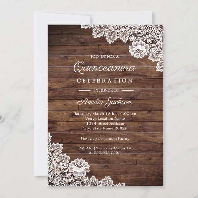 Dentelle en bois rustique Quinceanera Invitation (Devant)