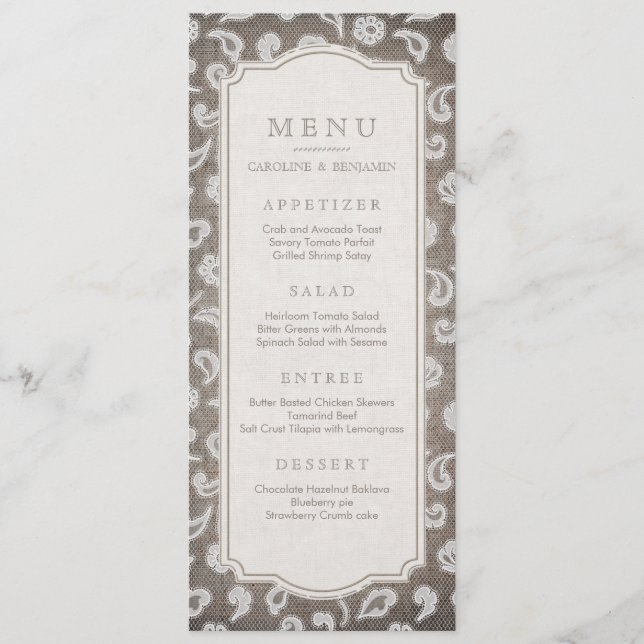 Dentelle et burlap menu mariage campagnard rustiqu (Devant)