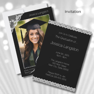 Dentelle et noir Photo Graduation Party Invitation