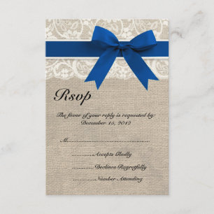 Dentelle et ruban bleu royal et carte RSVP Burlap