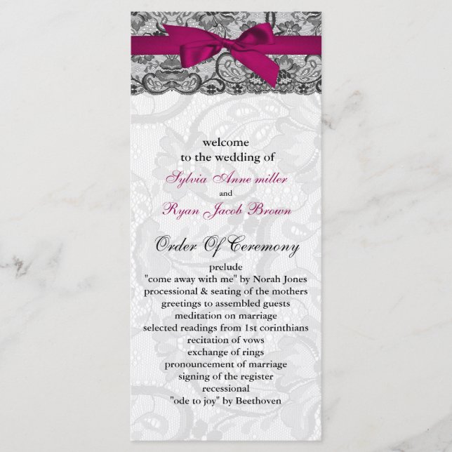 Dentelle et ruban rose, programmes de mariage noir (Devant)