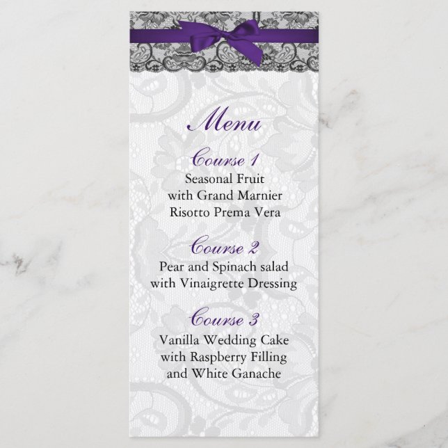 Dentelle et ruban violet noir mariage Menu (Devant)