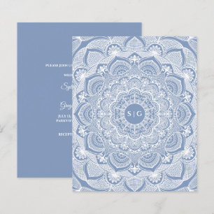 Dentelle fleurie blanche ornée bleu poussiéreux Bu