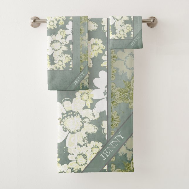 Dentelle florale blanche et grise Monogrammes Serv (En situation)