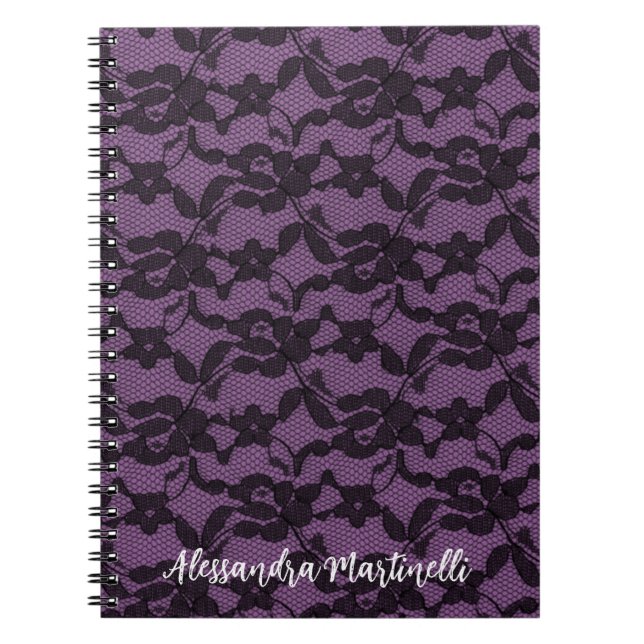 Dentelle florale noire sur Carnet violet (Devant)
