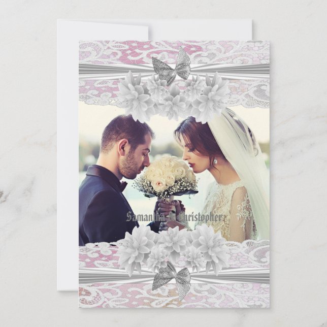 Dentelle florale rose mariage invitation photo (Dos)
