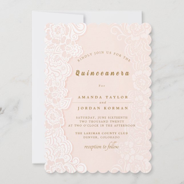 Dentelle florale rose pâle Quinceanera Invitation (Devant)