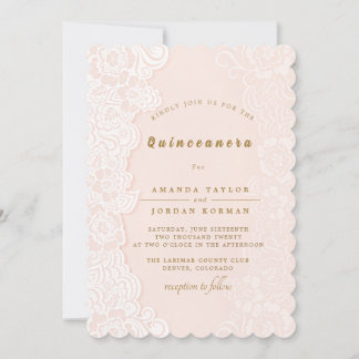 Dentelle florale rose pâle Quinceanera Invitation