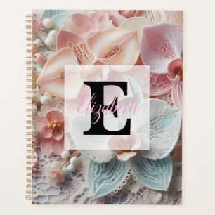 Dentelle monogramme fleurs florales rose pastel or