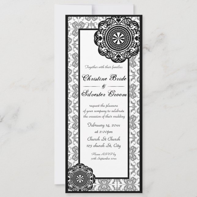 Dentelle noire arabesque, invitation de mariage 4x (Devant)
