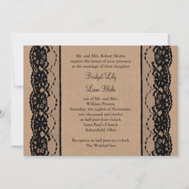Dentelle noire et Faire-part de mariage Burlap (Devant)