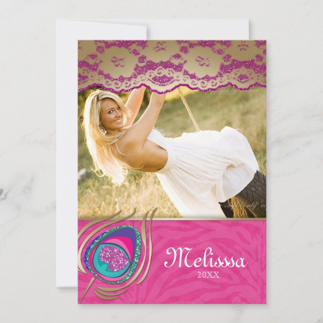 Dentelle Peacock Grad Faire-part Zebra rose (Devant)